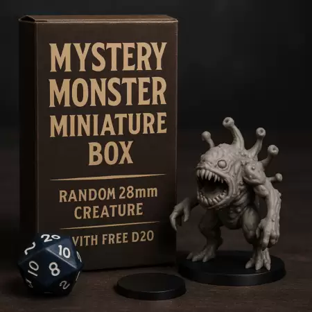 Mystery Monster Miniature Box – Random 28mm Creature for D&D, Pathfinder & TTRPGs with Free D20