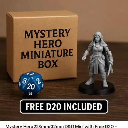 Mystery Hero Miniature Box – Random 28mm/32mm D&D Mini with Free D20 – Fantasy RPG Miniature for TTRPGs, Pathfinder & More